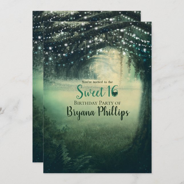 Enchanted Forest Green Blue Lights Sweet 16 Party Invitation (Front/Back)