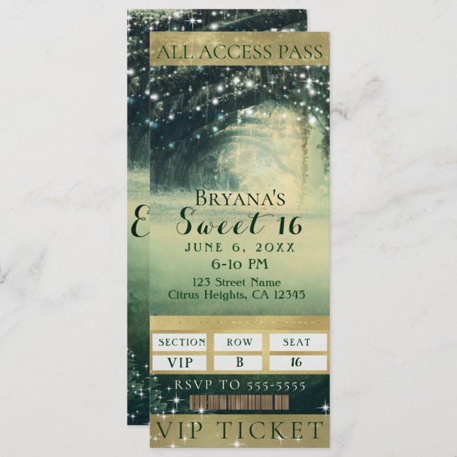 Enchanted Forest Green Blue Lights Sweet 16 Ticket Invitation (Front/Back)