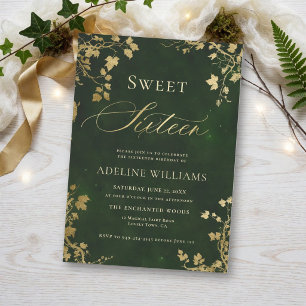 Enchanted Forest Green Gold Modern Sweet 16 Invitation