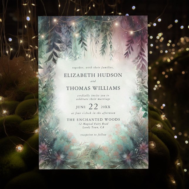 Enchanted Forest Green Mauve Magical Wedding Invitation (magical forest wedding invitation watercolor enchanted woods fairy magical fairytale emerald gold)
