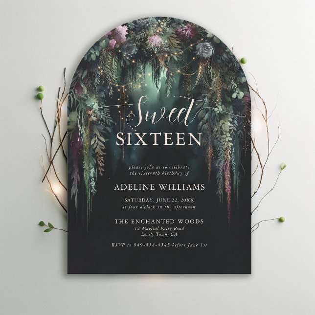 Enchanted Forest Greenery Arch Fairytale Sweet 16 Invitation (enchanted forest sweet 16 emerald green mauve purple arch woodland fairy tale faerie invitation)