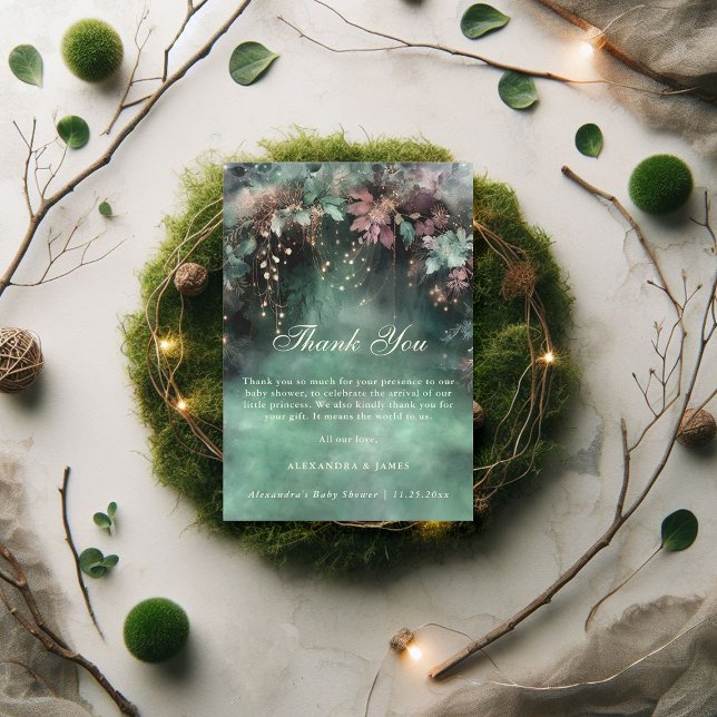 Enchanted Forest Greenery Arch Magical Baby Shower Thank You Card (enchanted baby shower thank you card fairytale forest foliage magical fairy faerie woodland green)