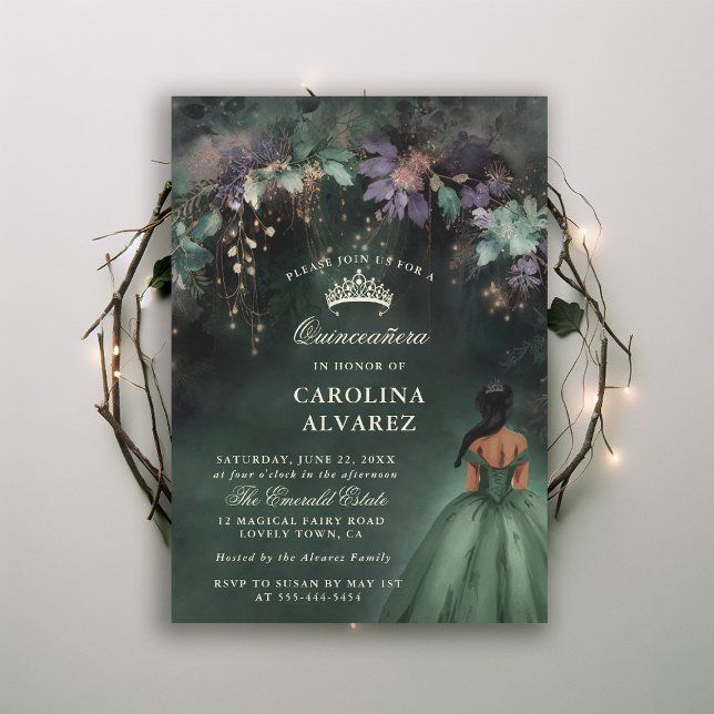 Enchanted Forest Greenery Arch Magical Quinceanera Invitation (enchanted forest quinceanera invitation watercolor princess dress emerald hunter green fairytale)
