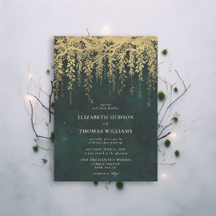 Enchanted Forest Greenery Fairy Gold Wedding Invitation