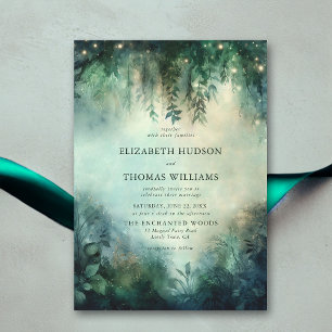 Enchanted Forest Greenery Fairy Lights Wedding Invitation