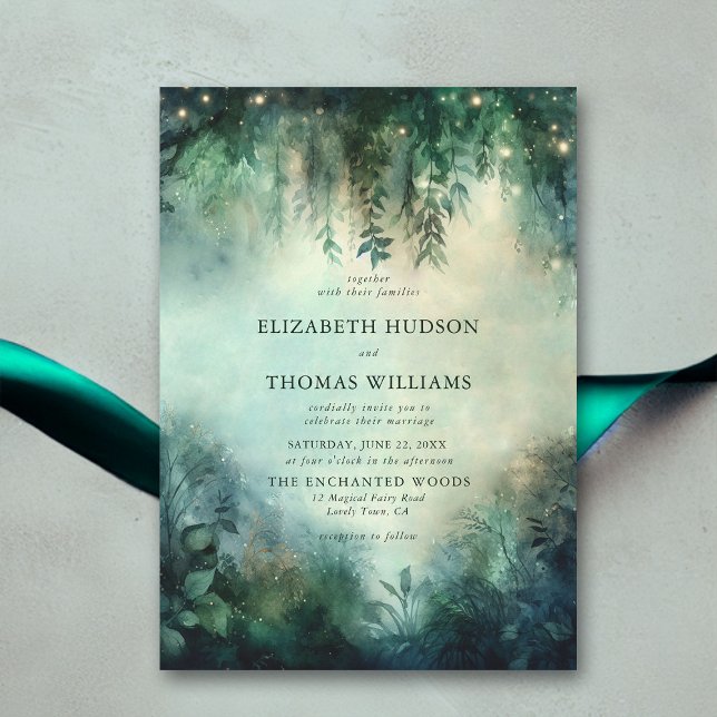 Enchanted Forest Greenery Fairy Lights Wedding Invitation (enchanted forest wedding invitation elegant magical fairy garden foliage greenery overhanging vines)