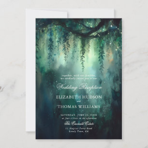 Enchanted Forest Greenery Lights Wedding Reception Invitation
