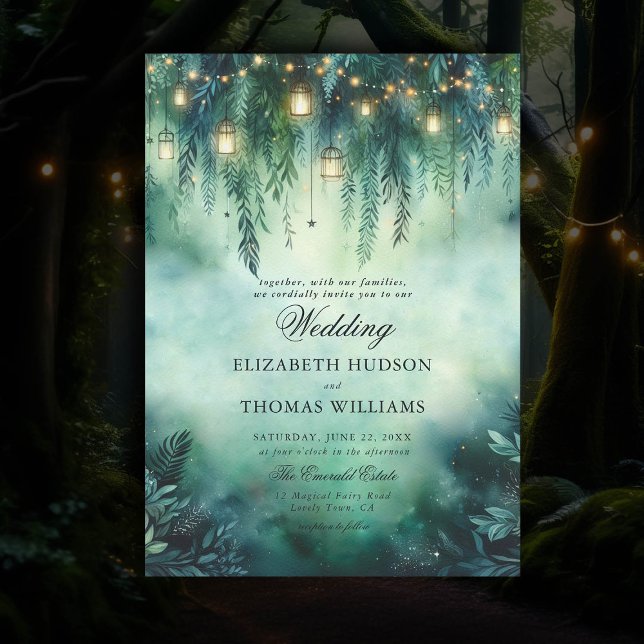 Enchanted Forest Hanging Lanterns Fairy Wedding Invitation (enchanted forest theme wedding invitation hanging vines lanterns magical fairytale bespoke modern )