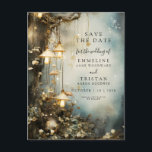 Enchanted Forest Hanging Lanterns Wedding  Announcement Postcard<br><div class="desc">Ethereal forest mist and trees with hanging mushroom shaped lanterns featured in this wedding save the date announcement,  in deep blue grey forest hues,  and mist. Ethereal and mystical.</div>
