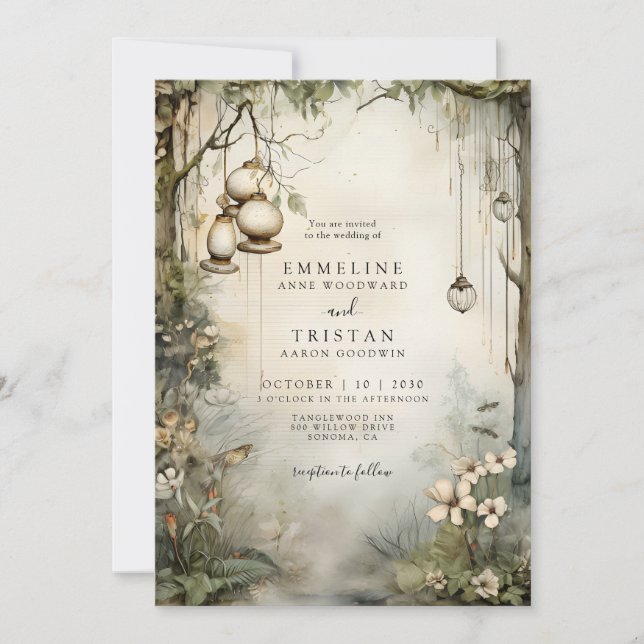 Enchanted Forest Hanging Lanterns Wedding Invitation (Front)