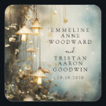 Enchanted Forest Hanging Lanterns Wedding Square Sticker<br><div class="desc">Ethereal forest mist and trees with hanging mushroom shaped lanterns featured in these wedding stickers,  in deep blue grey forest hues,  and mist.</div>