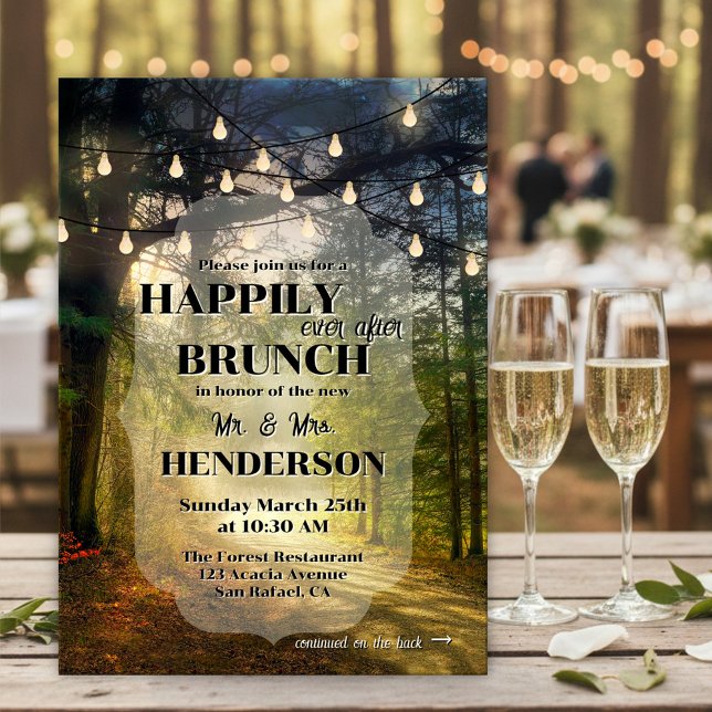 Enchanted Forest Happily Ever After Brunch Invitation (Happily Ever After wedding brunch invitation showing an enchanted forest with festive string lights)