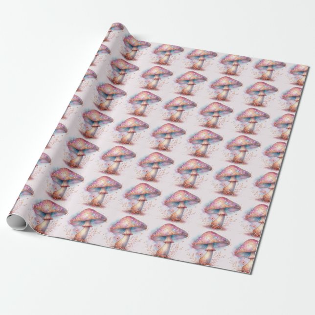 Enchanted Forest Iridescent Mushrooms  Wrapping Paper (Unrolled)