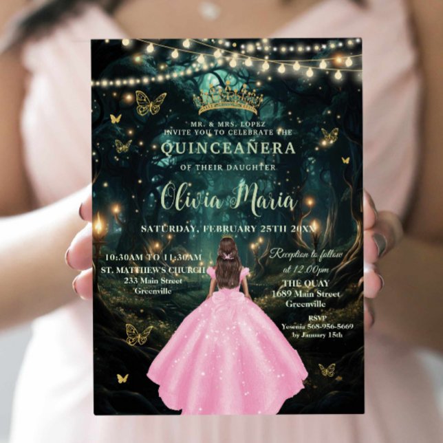 Enchanted Forest Light Pink Dress Gold Quinceañera Invitation (Creator Uploaded)