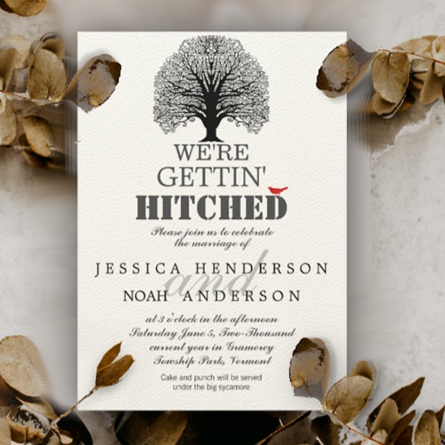 Enchanted Forest Love Birds Gettin Hitched Wedding Invitation (Love makes the world go round on back.)