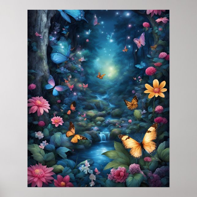 Enchanted Forest Magic BLUE butterflies flowers Poster (Front)