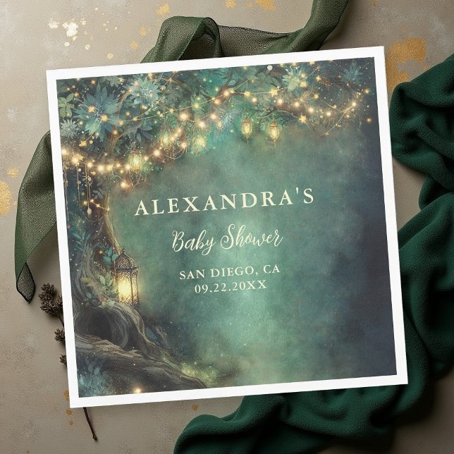 Enchanted Forest Magic Lanterns Fairy Baby Shower Napkin (enchanted forest baby shower napkin emerald green gold fairy lights lanterns magical woodland)