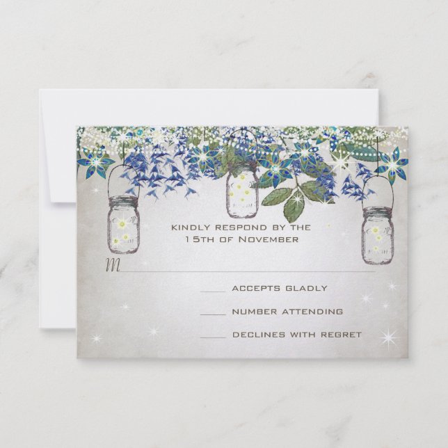 Enchanted Forest Mason Jar Blue Silver Greenery RSVP Card (Front)