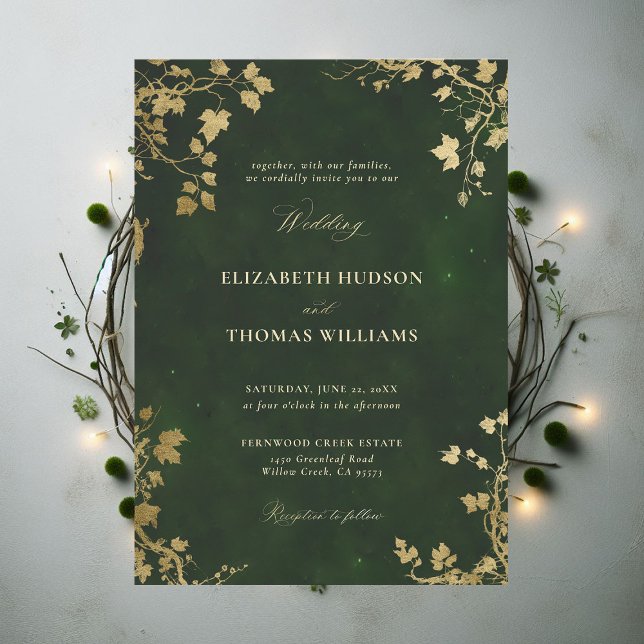 Enchanted Forest Minimal Frame Gold Magic Wedding Invitation (Enchanted Forest Hunter Green Draped Greenery Minimal Frame Modern Calligraphy Wedding Invitation)