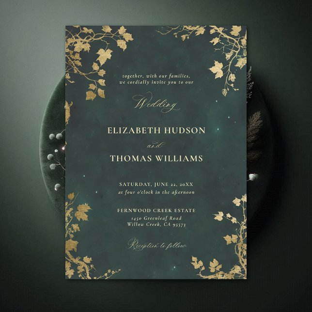 Enchanted Forest Minimal Frame Gold Modern Wedding Invitation (Enchanted Forest Emerald Green Draped Greenery Minimal Frame Modern Calligraphy Wedding Invitation)