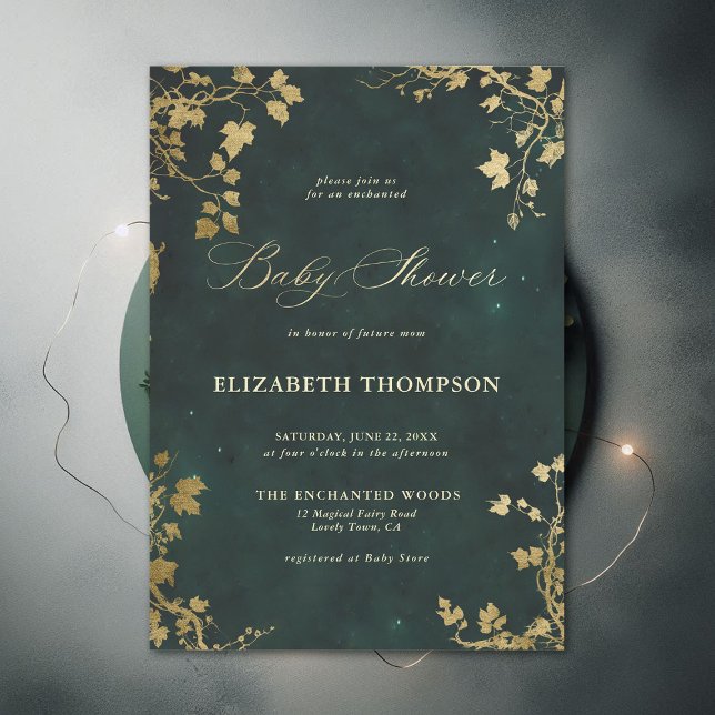 Enchanted Forest Minimalist Greenery Baby Shower Invitation (Enchanted Forest Emerald Green Minimal Greenery Modern Calligraphy Neutral Baby Shower Invitation)