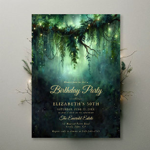 Enchanted Forest Moody Dark Green Emerald Birthday Invitation