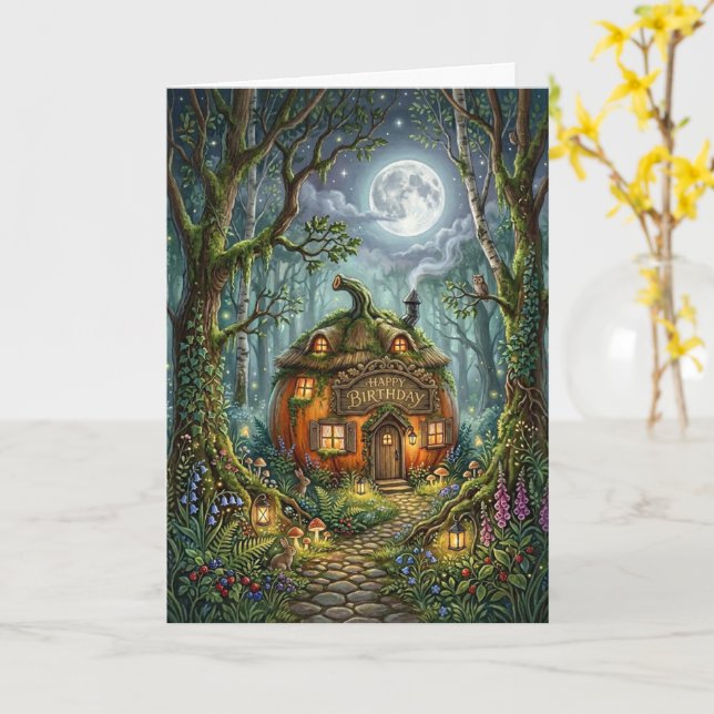 Enchanted Forest Moonlit Cottage Happy Birthday Card (Yellow Flower)