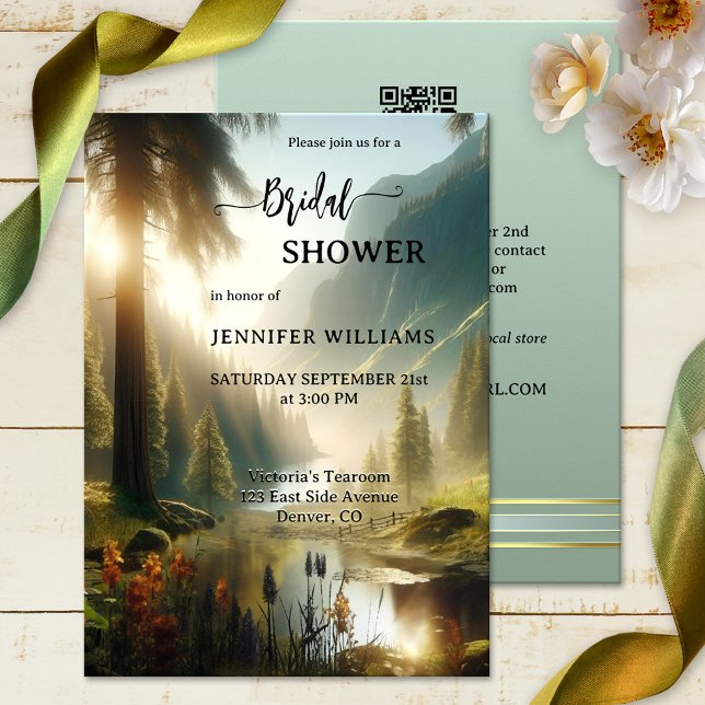 Enchanted Forest Mountain Bridal Shower Invitation (Original bridal shower invitation featuring a painting of a mountain scene with enchanted forest)