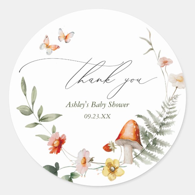 Enchanted Forest Mushroom Baby Shower Classic Round Sticker (Front)