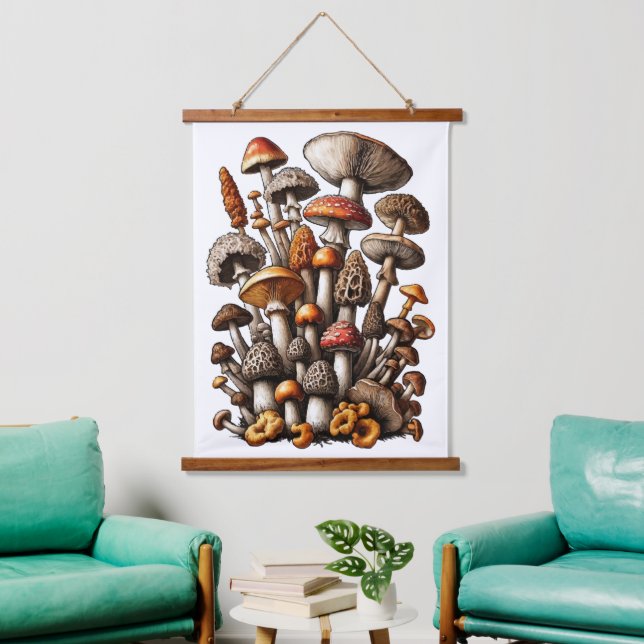 Enchanted Forest Mushroom Cluster Illustration Hanging Tapestry (Living Room)