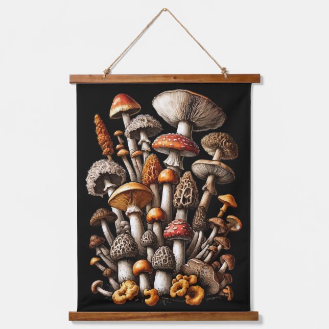 Enchanted Forest Mushroom Cluster Illustration Hanging Tapestry (Front)