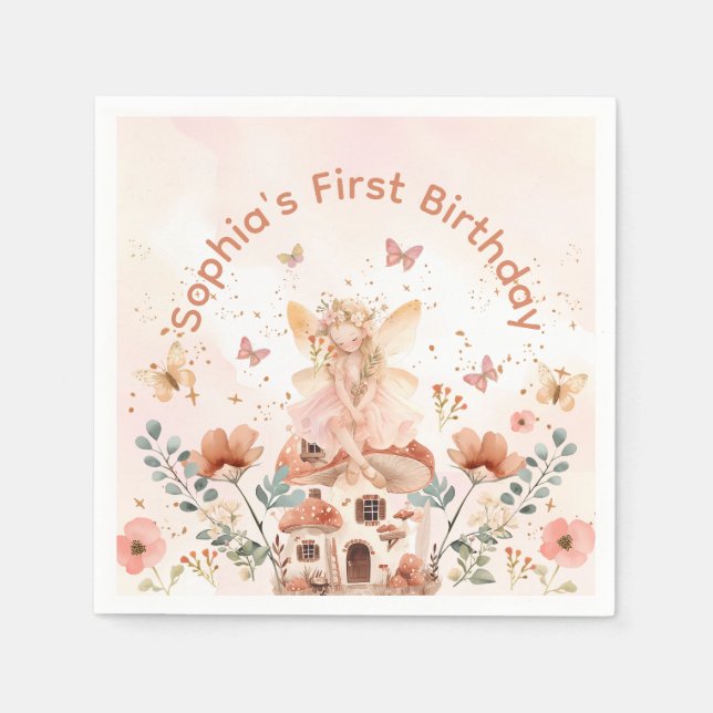 Enchanted Forest Mushroom Girl's First Birthday  Napkin (Front)
