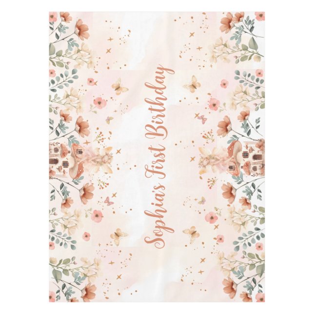 Enchanted Forest Mushroom Girl's First Birthday  Tablecloth (Front)