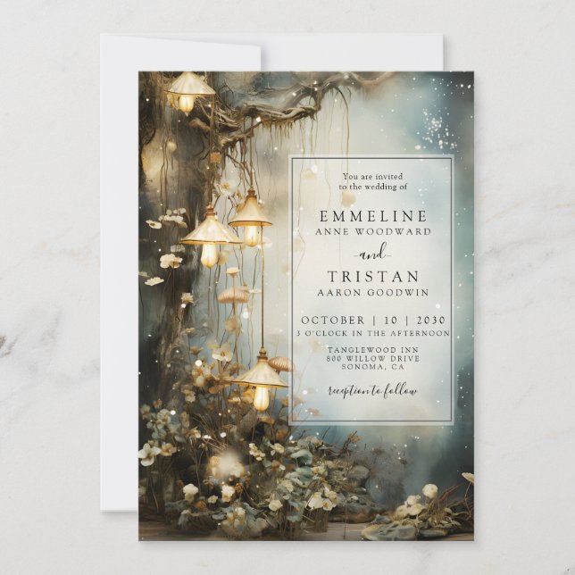 Enchanted Forest Mushroom Hanging Lanterns Wedding Invitation (Front)