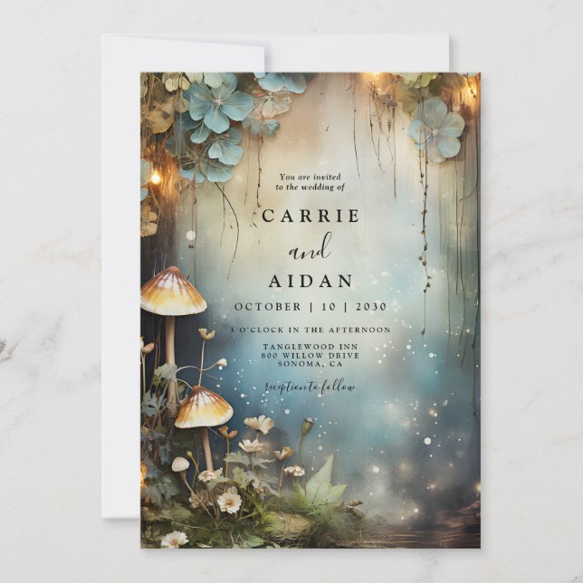 Enchanted Forest Mushroom Wildflower Blue Wedding  Invitation (Front)
