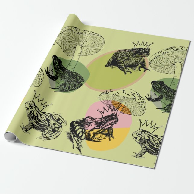 Enchanted Forest Mushrooms and Frogs Custom Wrapping Paper (Unrolled)