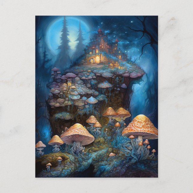 Enchanted Forest Mushrooms Castle Fantasy Art Postcard (Front)