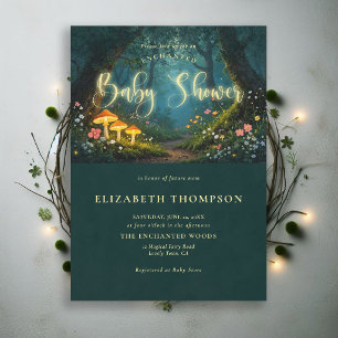Enchanted Forest Mushrooms Glow Script Baby Shower Invitation