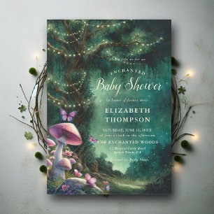 Enchanted Forest Mushrooms Pink Green Baby Shower Invitation