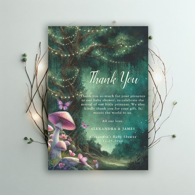 Enchanted Forest Mushrooms Pink Green Baby Shower Thank You Card (enchanted forest garden mushroom baby shower thank you card woodland magical green pink)