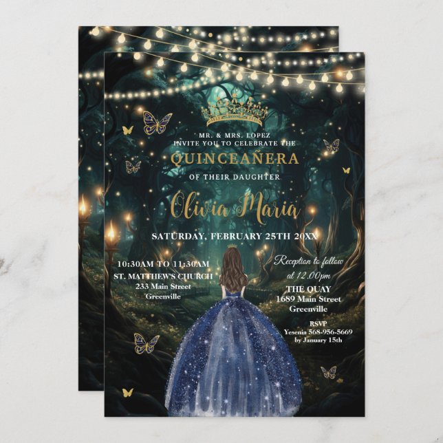 Enchanted Forest Navy Blue Dress Quinceañera 16 Invitation (Front/Back)