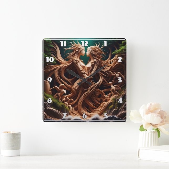 Enchanted Forest Nymphs Embracing by Waterfall Square Wall Clock (Home)