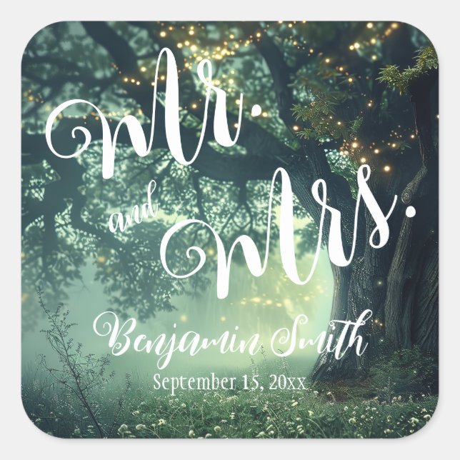 Enchanted Forest Oak Tree Fairy Lights Wedding Square Sticker (Front)