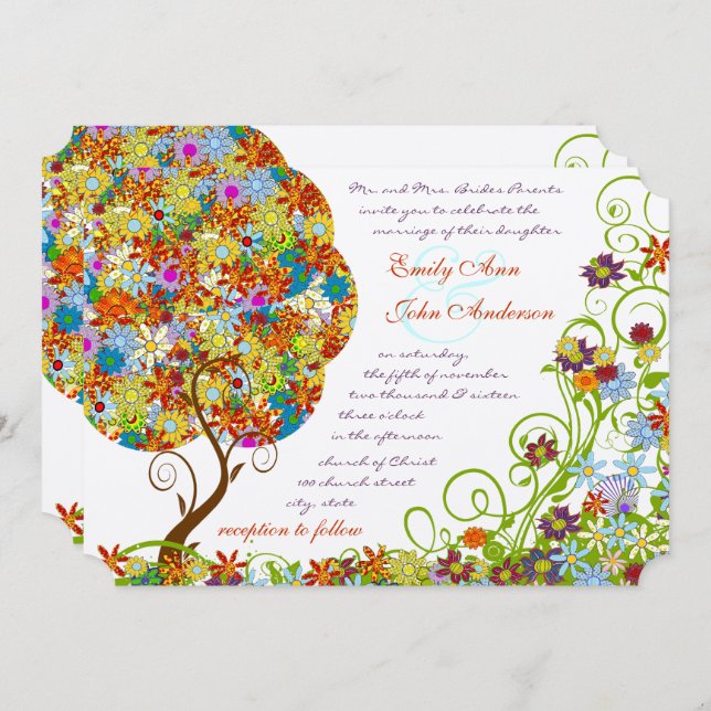 Enchanted Forest Patchwork Floral Fairy Tale Tree Invitation (Front/Back)