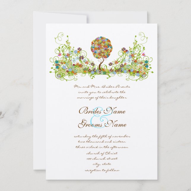 Enchanted Forest Patchwork Floral Fairy Tale Tree Invitation (Front)