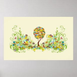 Enchanted Forest Patchwork Floral Fairy Tale Tree Poster