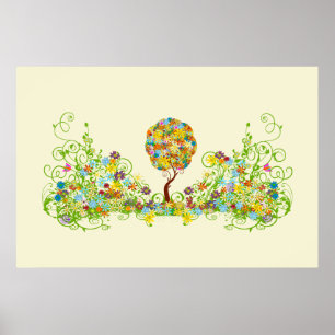 Enchanted Forest Patchwork Floral Fairy Tale Tree Poster