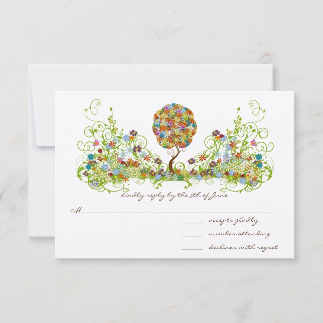 Enchanted Forest Patchwork Floral Fairy Tale Tree RSVP Card (Front)