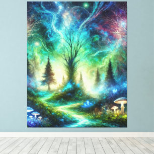 Enchanted Forest Path Glowing Mushrooms Cosmic Sky Canvas Print
