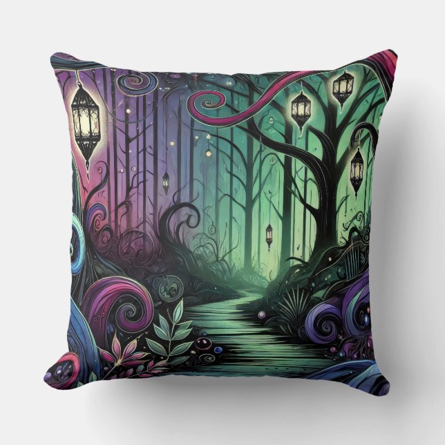 Enchanted Forest Path with Glowing Lanterns Cushion (Front)